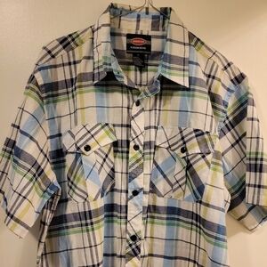 American Fusion Gear Mens Large Short Sleeve Shirt Blue Green Plaid Button Up